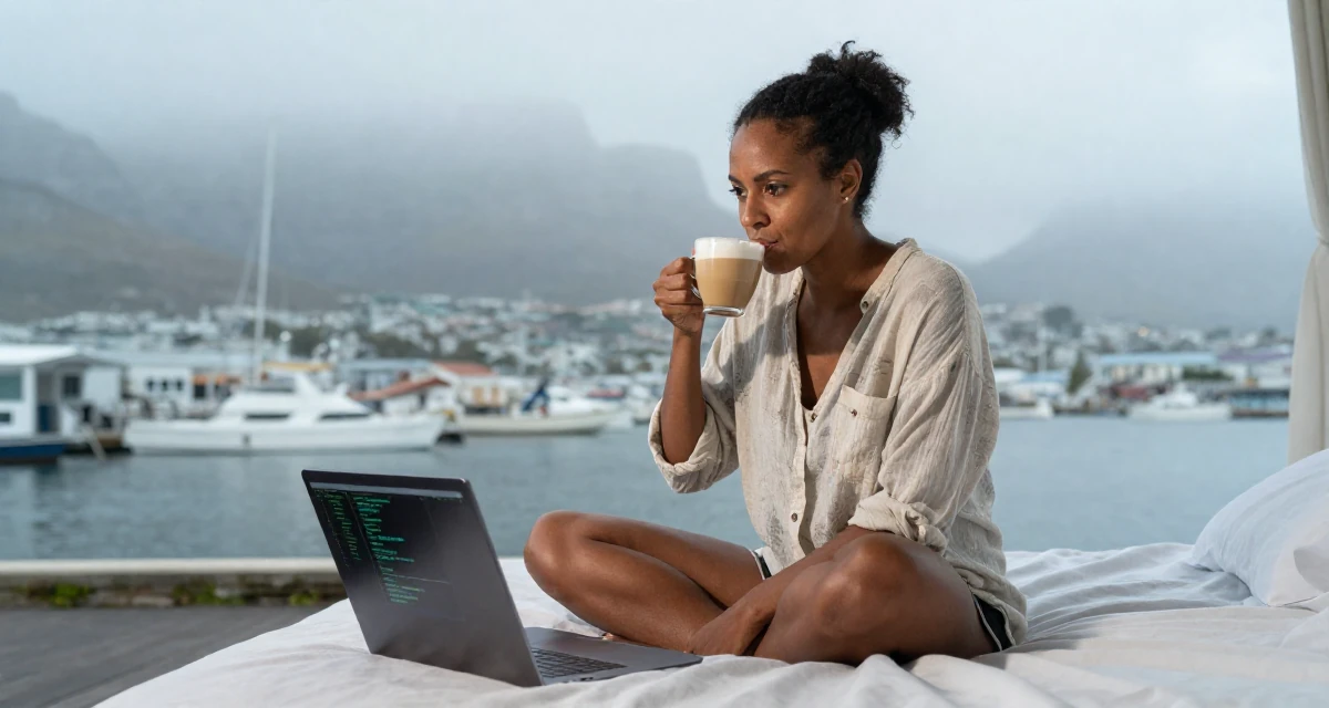 A determined Female From Cape Town South Africa, studied film editing in their 49, focusing on spiritual growth and grounding, wearing a relaxed vacation shirt, sipping a latte in a foggy harbor.