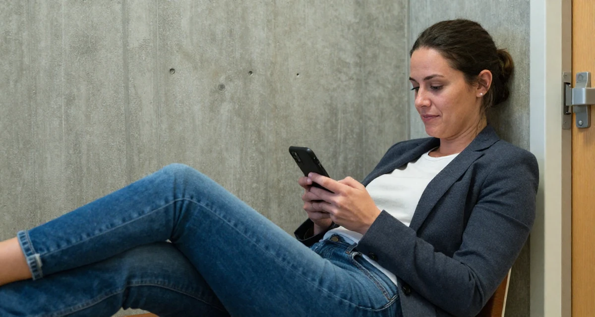 A reassured Female Previously a music major, now offering exclusive performance clips in their 47, preparing for empty-nest life, wearing a business casual outfit with jeans and a blazer, reading a text message in a hospital corridor.