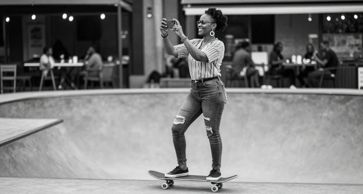 A joyful Female From Uganda, majored in telecommunication engineering in their 39, sharing sophisticated style tips for mature women, wearing a modern grunge aesthetic, taking a photo in a skate park.