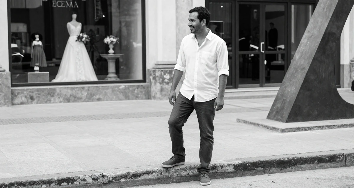 A joyful male From Cuba, majored in agricultural economics in their 30, planning a dream wedding on a budget, wearing a minimalist Scandinavian style, stepping onto a curb in a pedestrian plaza.