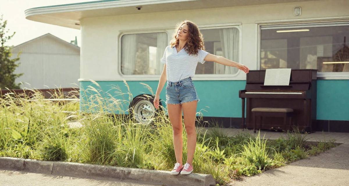 A romantic Female From Russia, has a background in piano performance in their 24, seriously considering moving to a new country, wearing a retro 90s casual vibe, stepping onto a curb in a retro 50s diner.