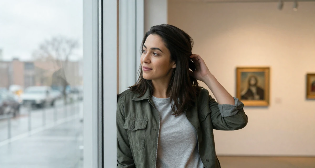 A inspired Female From USA, studied computer science but switched to arts in their 25, feeling established in their chosen field, wearing a structured jacket with casual tee, brushing hair back in a art gallery.