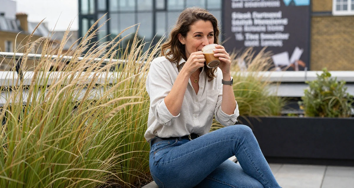 A joyful Female From UK, has a background in english literature and theatre in their 40, celebrating professional mastery and confidence, wearing a loose fitting blouse tucked into tight jeans, sipping a warm drink in a rooftop garden.