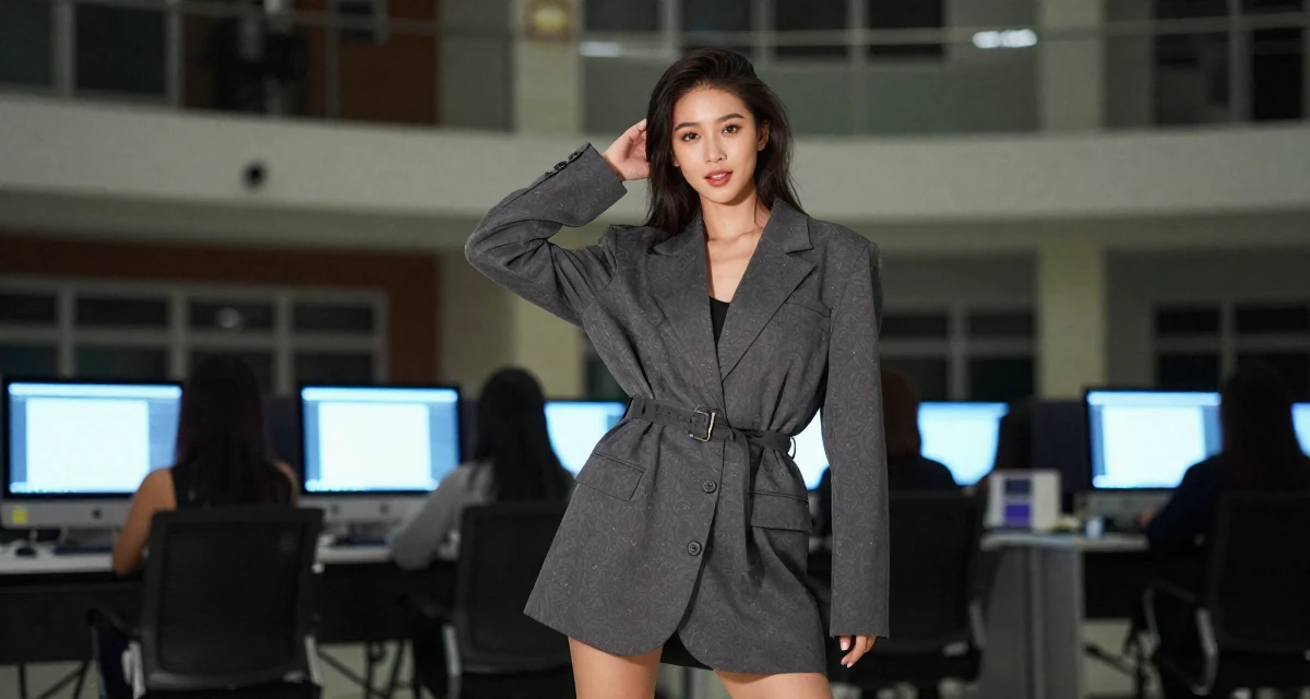 A radiant Female From Bangkok Thailand, learned nightclub choreography and costume design in their 24, planning seasonal or holiday-themed drops, wearing a oversized blazer worn as a dress with a belt, tucking hair behind an ear in a university campus.