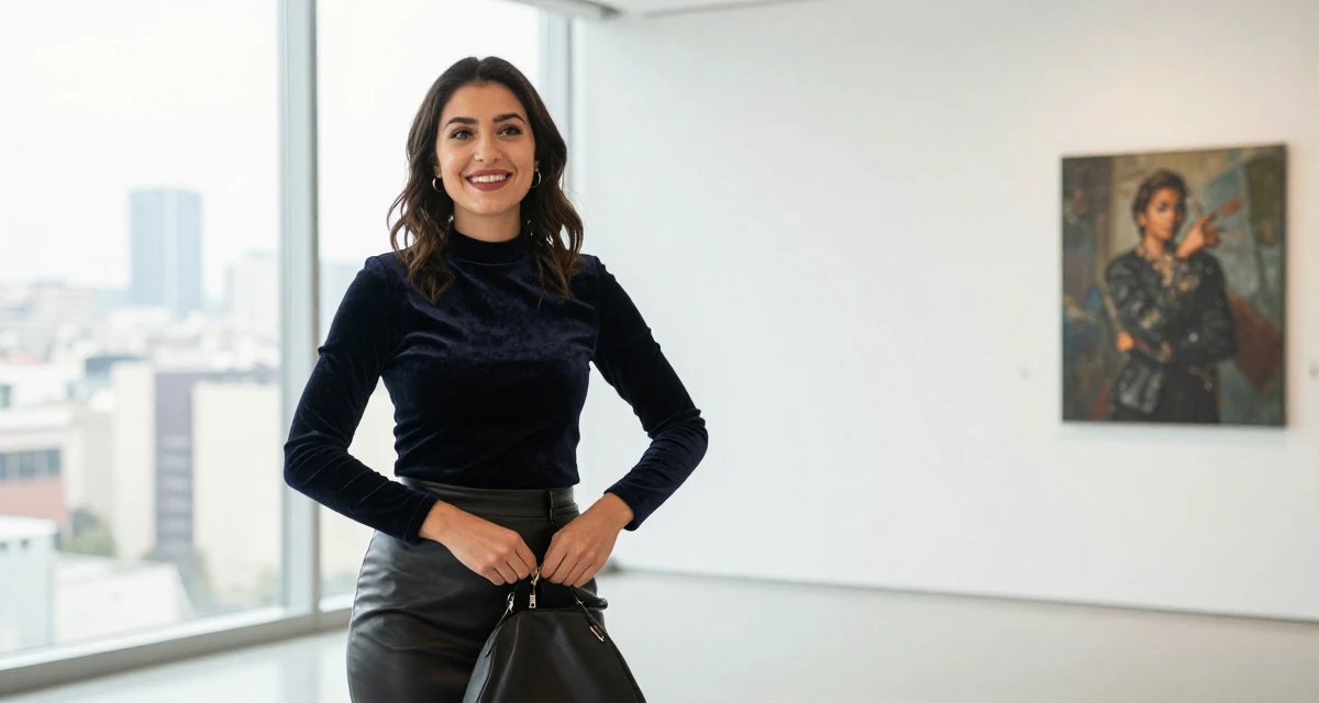 A vibrant and alive Female From Algeria, studied visual communication in their 30, planning a dream wedding on a budget, wearing a fitted velvet top and a leather skirt, zipping up a bag in a art gallery hall.