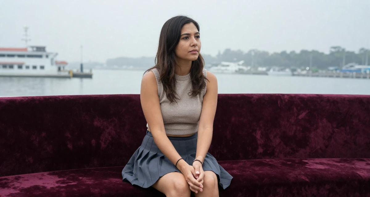 A introspective Female From Singapore, holds a degree in data science in their 42, restarting career after burnout, wearing a cropped sweater vest and a pleated mini skirt, clasping hands together in a foggy harbor.