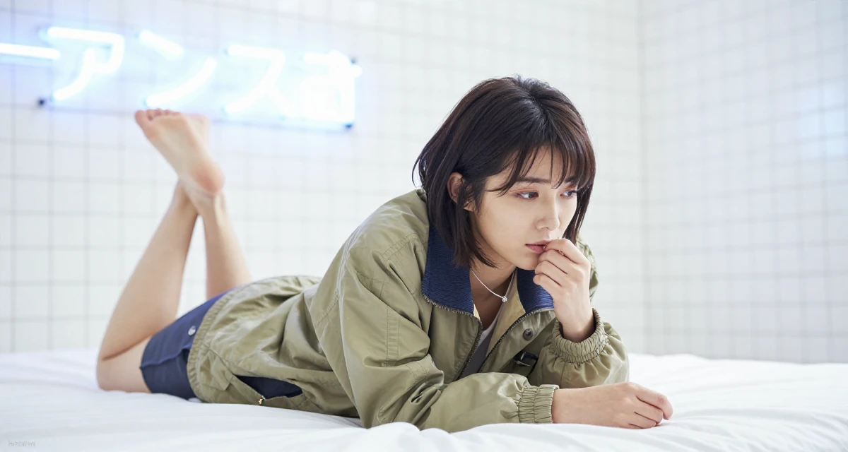 A troubled Female From Kyoto Japan, practiced artistic nude photography as self-expression in their 21, struggling to wake up for early morning lectures, wearing a retro windbreaker jacket, fiddling with a necklace in a tennis court.