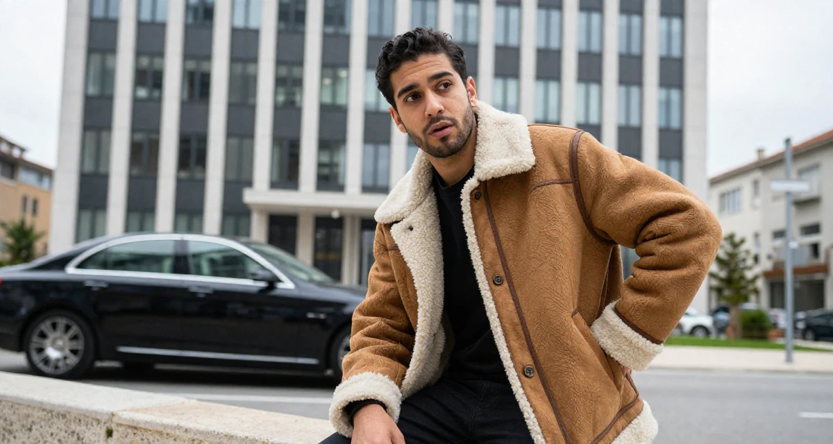 A hypnotic male From Portugal, majored in architecture in their 22, figuring out what content brings recurring subs, wearing a warm shearling jacket, stepping onto a curb in a high-rise office building.