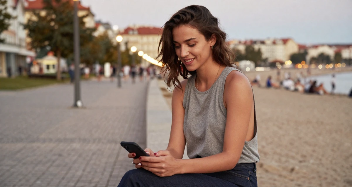 A relaxed and happy Female From Prague Czech Republic, majored in multimedia journalism in their 39, recently moved to a new city, wearing a loose tank top with deep side cuts, scrolling casually in a beach promenade.