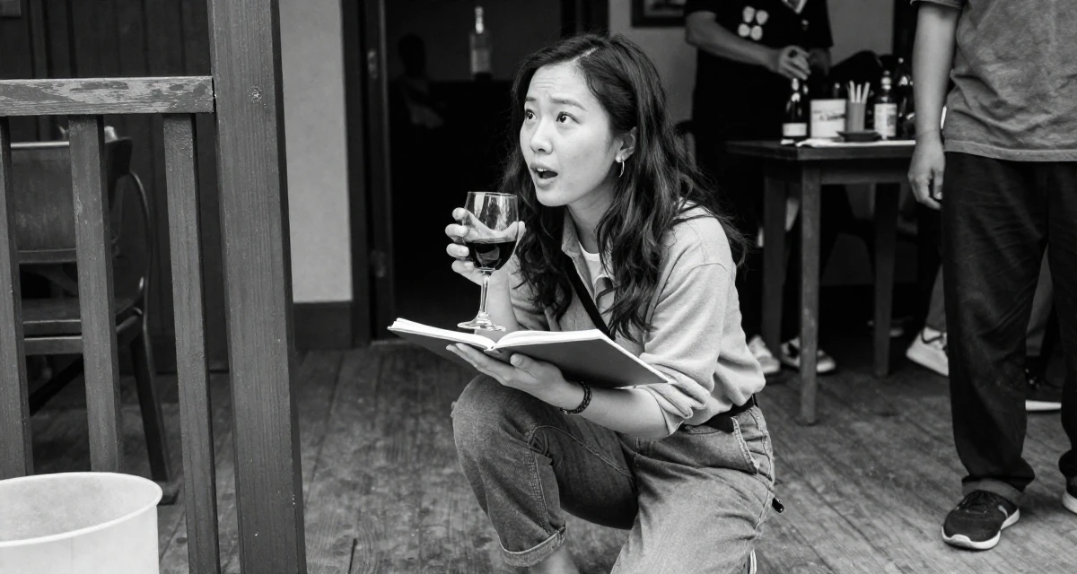 A spirited Female From Nanjing China, picked up videography working backstage at events in their 24, seriously considering moving to a new country, wearing a comfortable travel outfit, holding a notebook in a front porch.