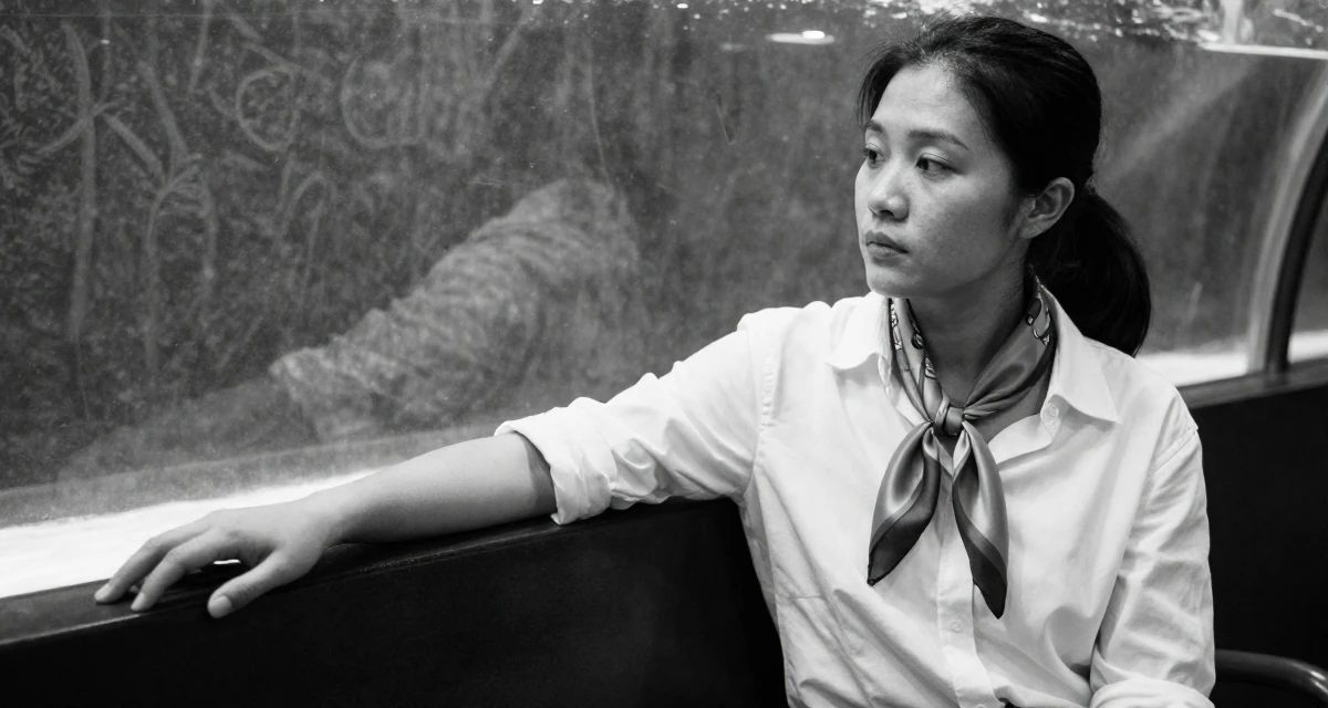 A wistful Female From Guangzhou China, studied international business in their 25, taking first steps toward financial autonomy, wearing a silk scarf tied around the neck of a white shirt, holding hands with someone unseen in a aquarium tunnel.