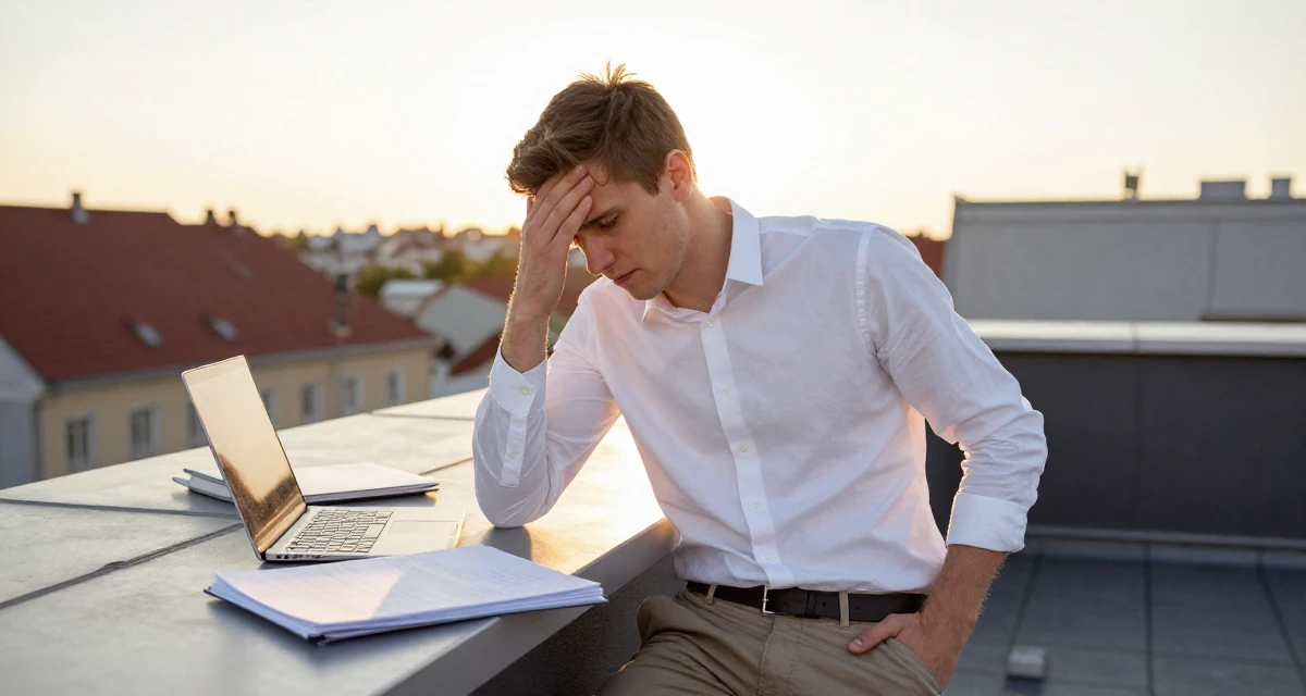 A fearless male From Poland, majored in international relations in their 23, fighting algorithm despair while submitting homework, wearing a crisp white shirt and chinos, sliding a hand into a pocket in a rooftop terrace at sunset.