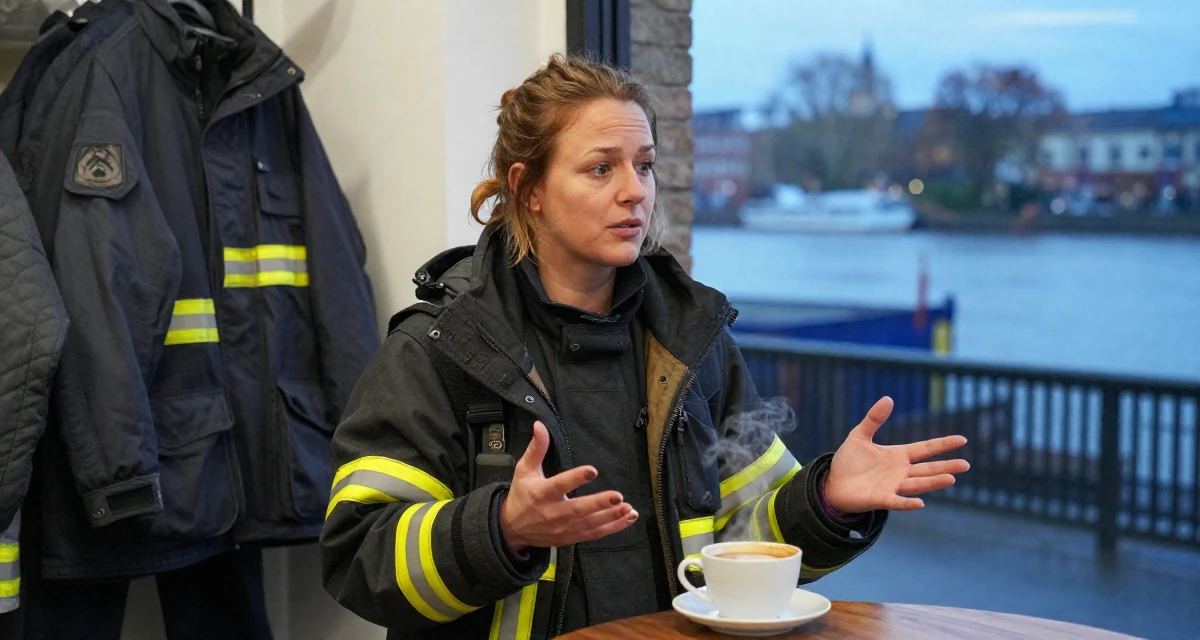 A dazed Female Former firefighter trainee, now producing strength-based content in their 23, seeking spiritual grounding amidst chaos, wearing a stylish parka jacket, gesturing while talking in a clothing boutique.