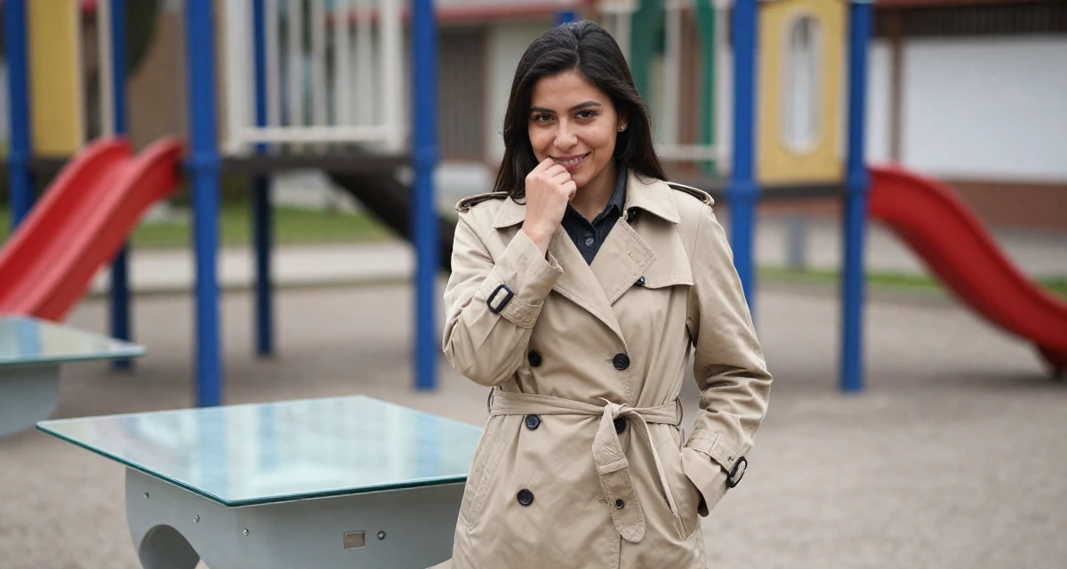 A proud and dignified Female From Bolivia, studied graphic design at a technical school in their 27, forcing yourself to smile in content on bad days, wearing a long trench coat belted tightly at the waist, biting a lip thoughtfully in a school playground.