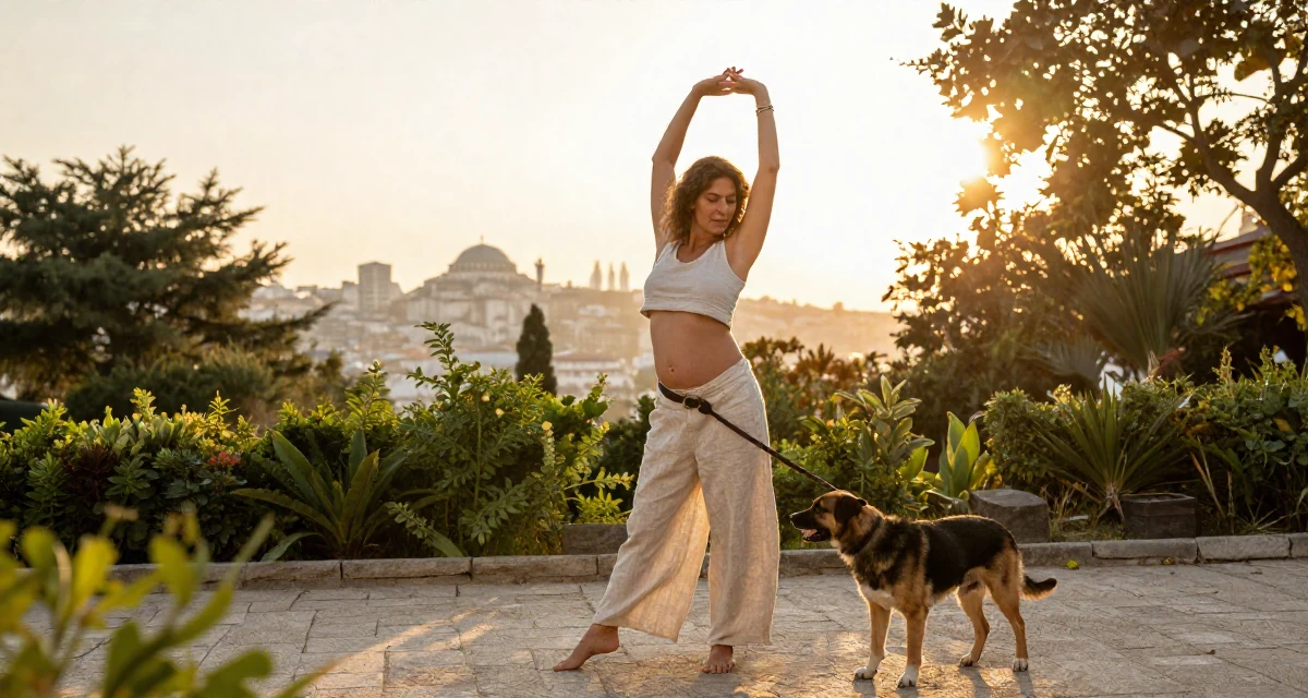 A warm Female From Istanbul Türkiye, learned belly dance and expressive movement in their 36, preparing for a second child, wearing a chic summer linen outfit, walking a dog (leash visible) in a botanical garden.