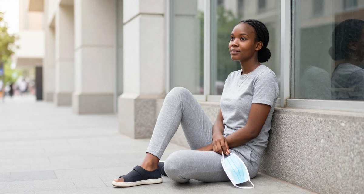 A observant Female From Zambia, majored in marketing communication in their 22, facing early rejection and learning from it, wearing a grey tones casual wear, holding a mask (cosplay/prop) in a city sidewalk.