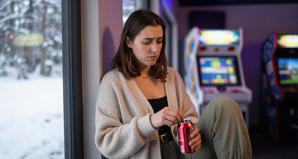 A confused Female Born in New Zealand, studied creative media production in their 25, letting go of the need to please everyone, wearing a cozy knit cardigan and slacks, opening a soda can in a arcade room with neon lights.