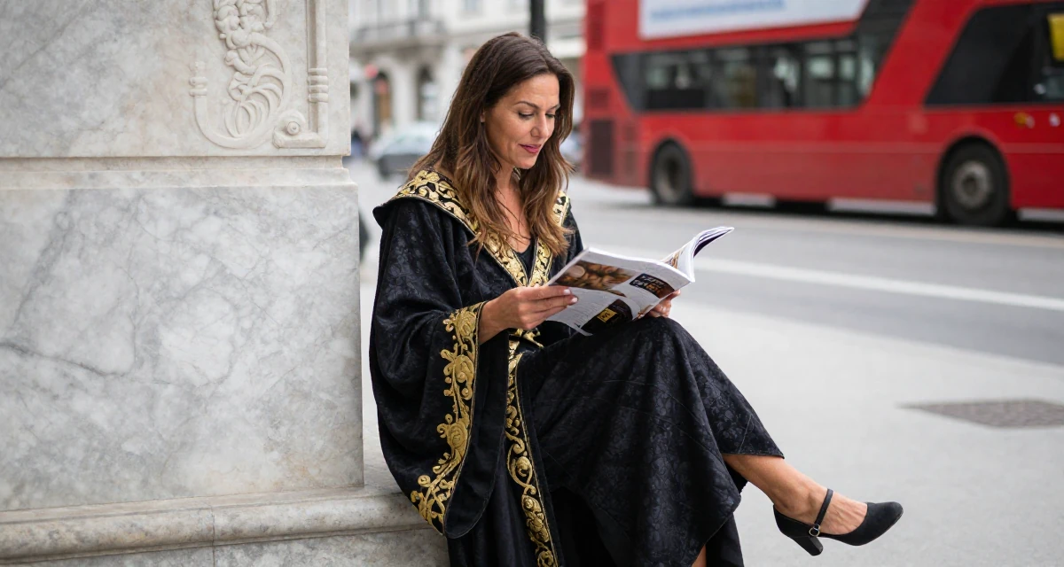 A witty Female From Salzburg Austria, practiced soft-aesthetic lifestyle content in their 50, exploring semi-retirement options, wearing a high-fantasy sorceress robe with gold embroidery, flipping through a magazine in a city sidewalk.