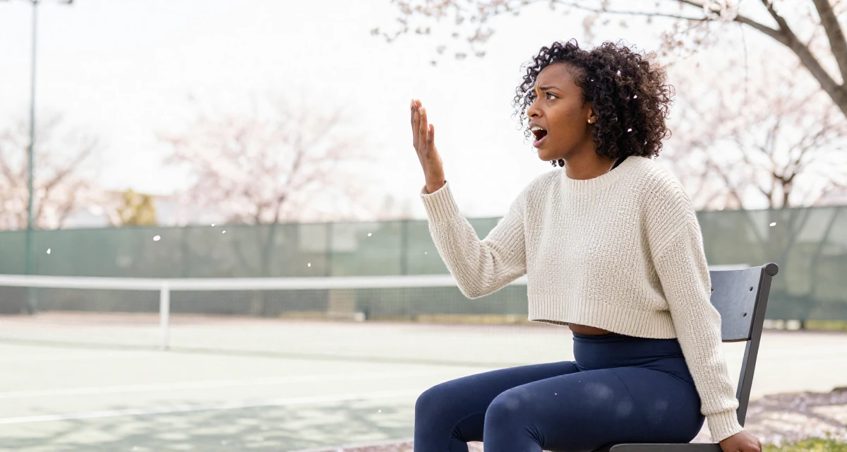 A anxious but excited Female From Tanzania, studied wildlife conservation in their 23, radiating a quiet determination to succeed, wearing a cropped knitted sweater and form-fitting yoga pants, pausing mid-step in a tennis court.