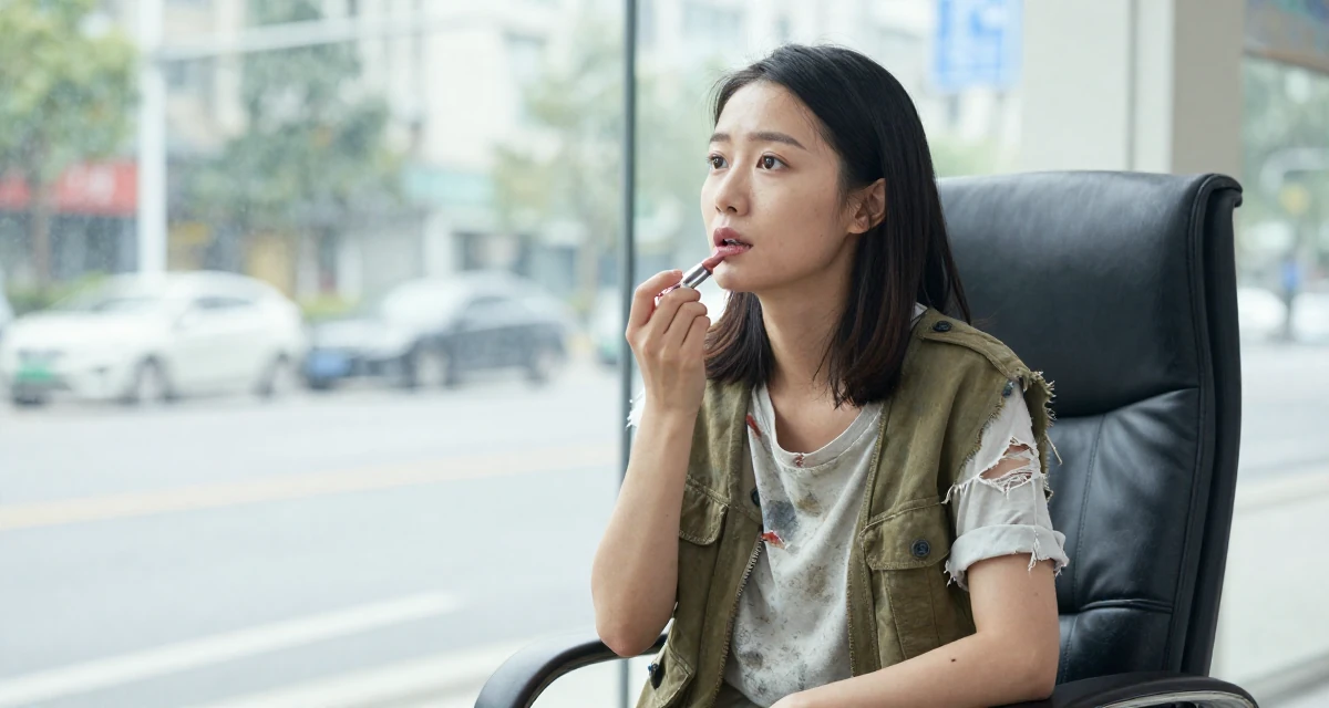 A dreaming Female From China, majored in journalism in their 37, creating educational content for children, wearing a zombie apocalypse survivor gear with torn clothes, applying lipstick in a urban street.