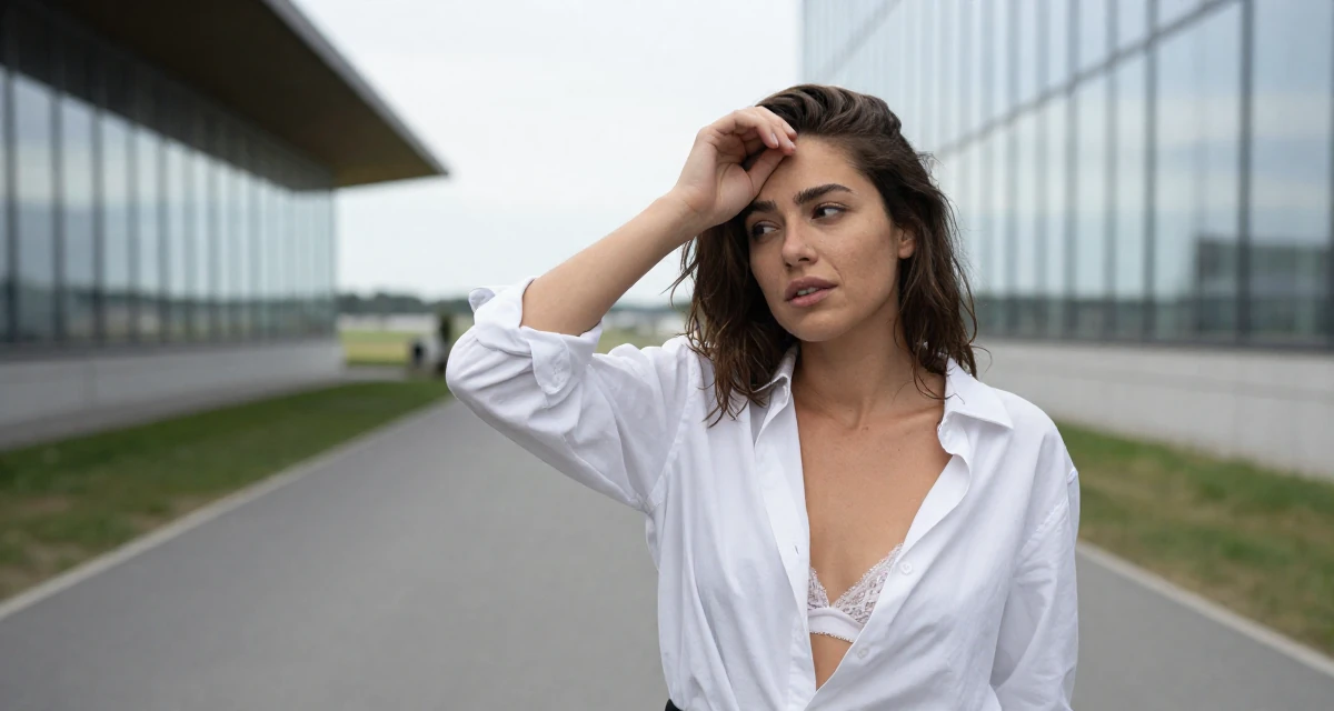 A flirty Female From Austria, based in Graz, graduated from an arts academy majoring in emotional portrait direction in their 25, confident enough to wear what they truly like, wearing a white button-down shirt worn open over a lace bra, resting a hand on the forehead in a country road.