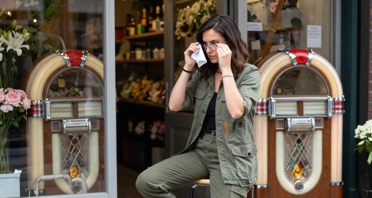 A resolute Female Raised in Canada, majored in fine arts in their 25, figuring out boundaries while trying small photo sets, wearing a modern utilitarian outfit, cleaning glasses with a cloth in a flower shop entrance.