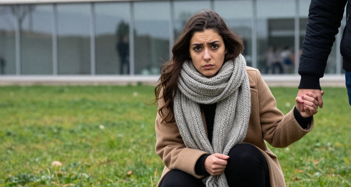 A resilient Female From Israel, majored in computational biology in their 21, struggling to wake up for early morning lectures, wearing a heavy knit scarf and coat, holding hands with someone unseen in a grassy field.