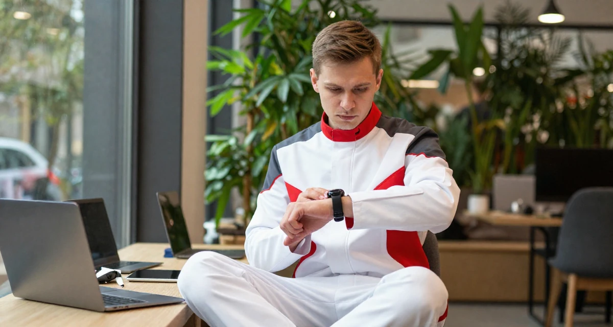 A alert and attentive male From Belarus, studied performance media in their 25, managing tight budgets as a student, wearing a futuristic medic uniform with white and red details, checking a wristwatch in a busy coworking space.