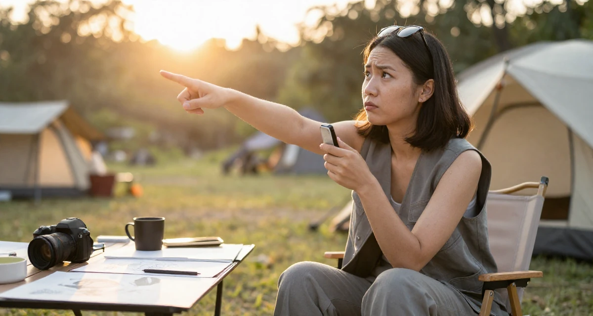 A confused Female From Indonesia, based in Surabaya, graduated from a creative academy majoring in multimedia arts in their 25, learning to batch-shoot to save time, wearing a grey vest and matching trousers outfit, inspecting an object in a camping site.