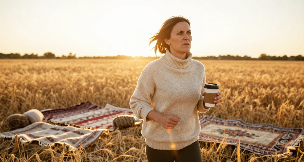 A ferocious Female From Chicago USA, holds a degree in communications in their 39, sharing meditation and stress-relief techniques, wearing a cozy fleece pullover, holding a cup of coffee in a golden wheat field.