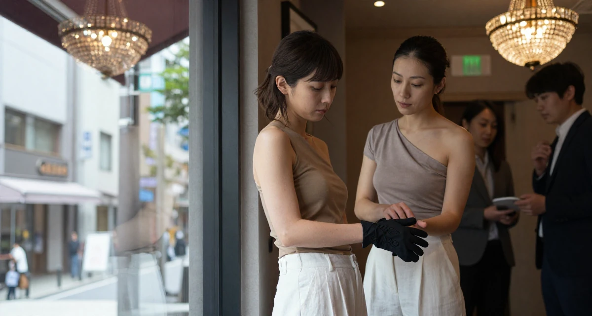 A mysterious Female From Kyoto Japan, practiced artistic nude photography as self-expression in their 43, mentoring young professionals in the field, wearing a one-shoulder fitted top and white linen trousers, putting on a glove in a cinema entrance.
