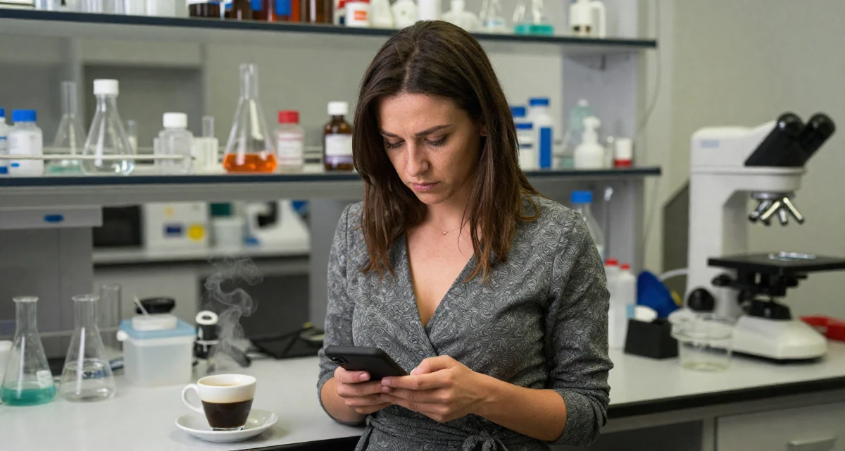 A stoic and strong Female Raised in Romania, studied entertainment marketing in their 29, managing emotional burnout disguised as “taking a break”, wearing a wrap blouse with a deep neckline, checking a phone in a science lab.