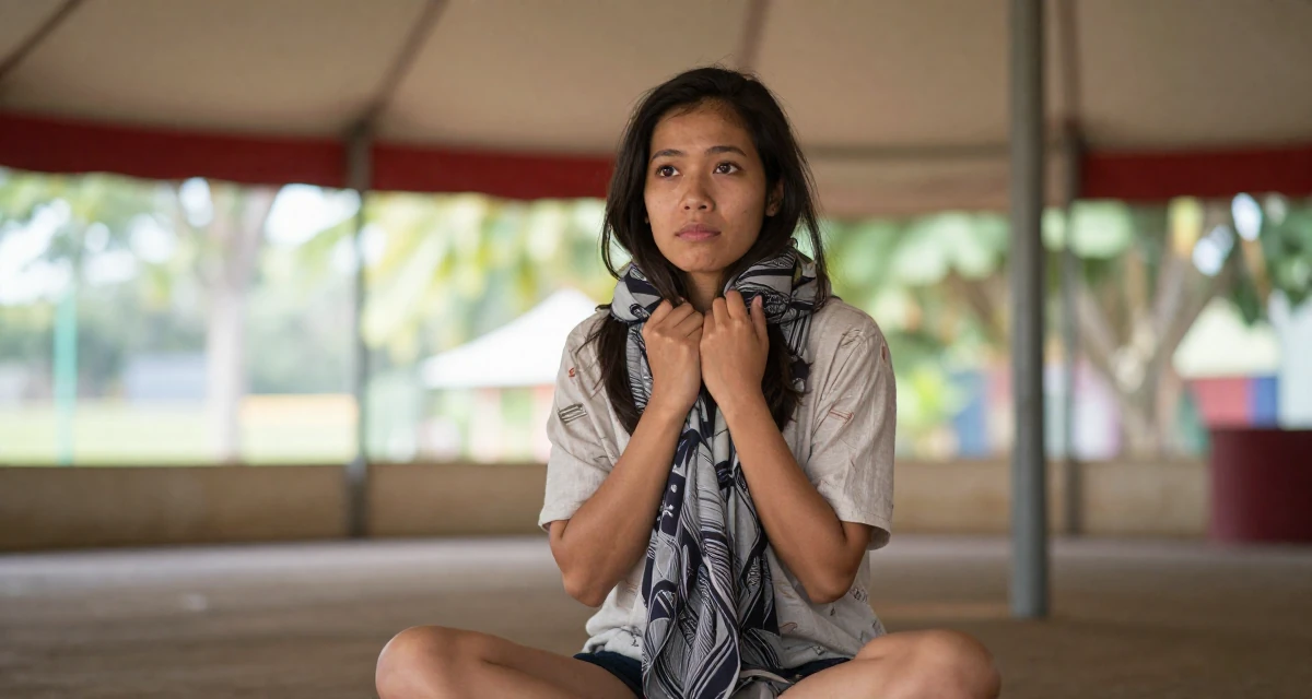 A fragile Female From Johor Malaysia, learned portrait photography through freelance work in their 28, saving aggressively for first home, wearing a relaxed vacation shirt, wrapping a scarf around the neck in a circus tent interior.