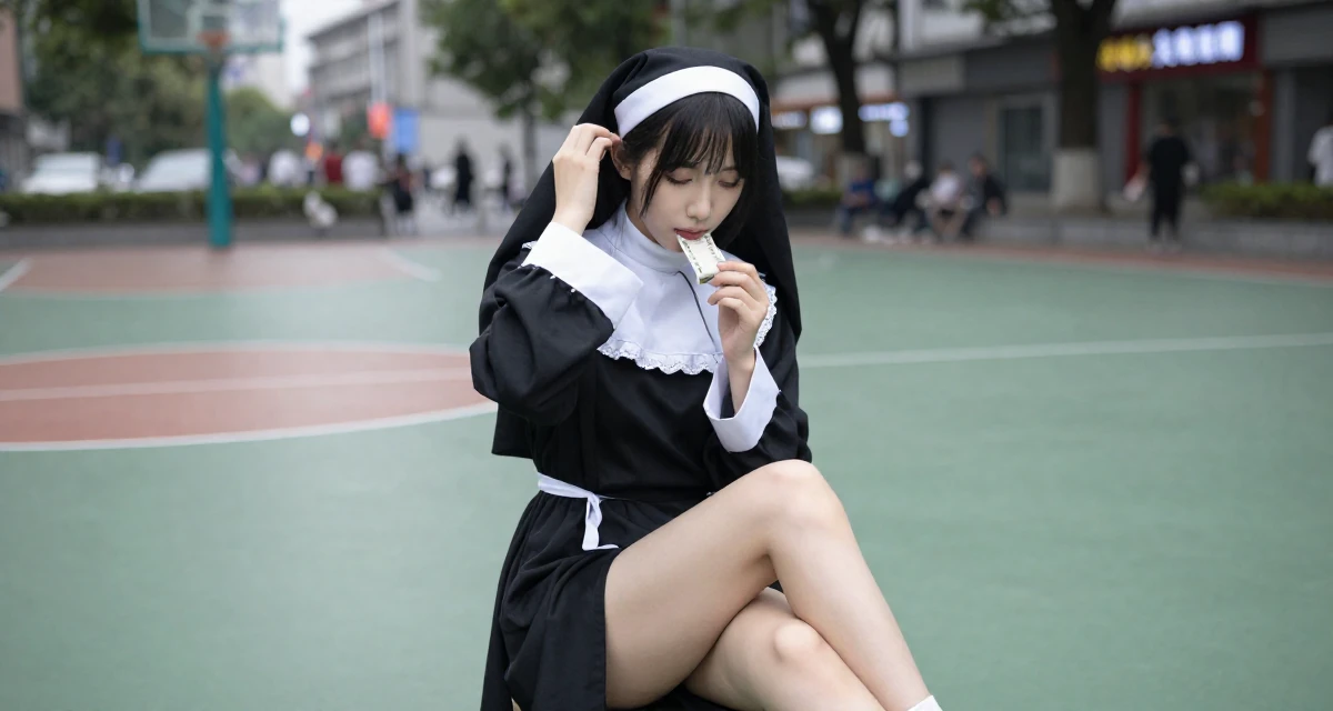 A dazed Female From Wuhan China, learned social media branding through indie projects in their 23, enjoying the first taste of disposable income, wearing a gothic nun habit with a modified short skirt, crossing legs in a basketball court.