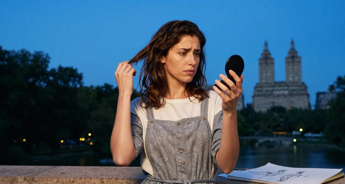 A troubled Female From Rome Italy, studied classical body aesthetics and figure drawing in their 35, creating plant-based recipes for families, wearing a t-shirt dress with the sleeves rolled up, checking makeup in a compact mirror in a photo studio.