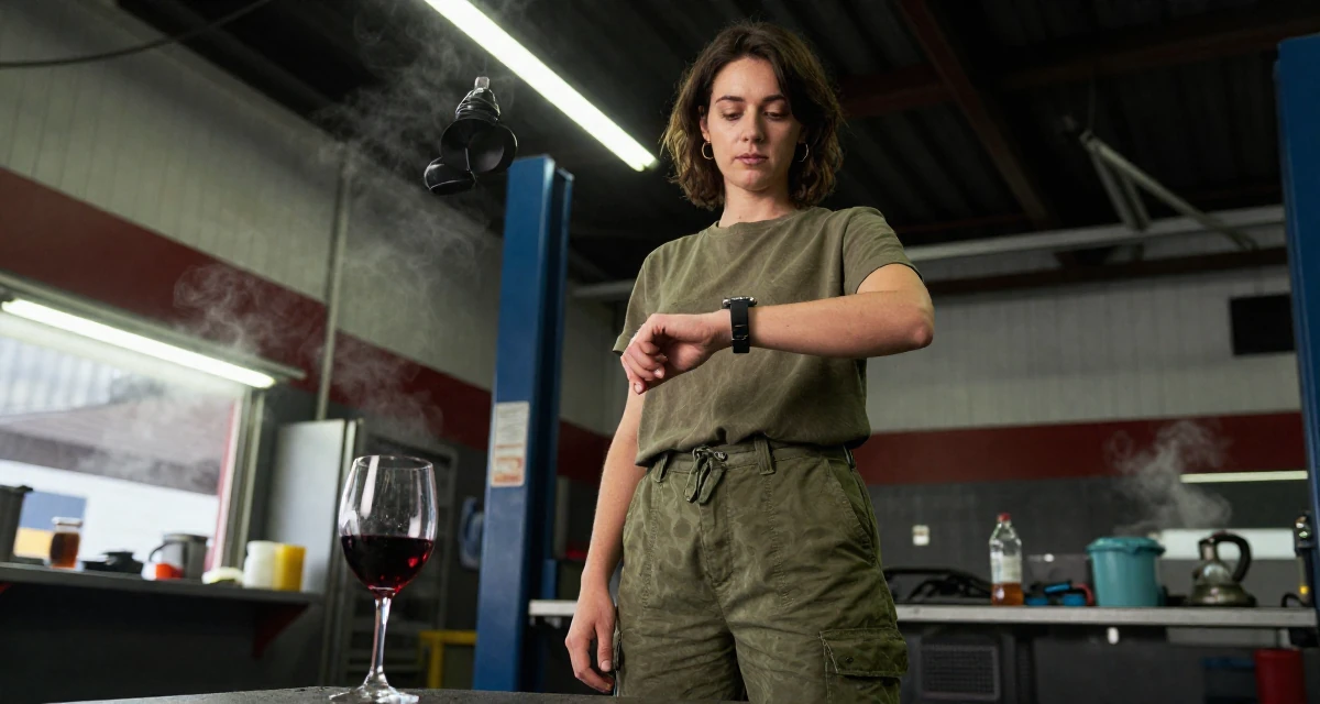 A cold and distant Female From Auckland New Zealand, studied animation in their 29, accepting that progress is messy and nonlinear, wearing a muted olive green tones, glancing at a wristwatch in a mechanic garage.