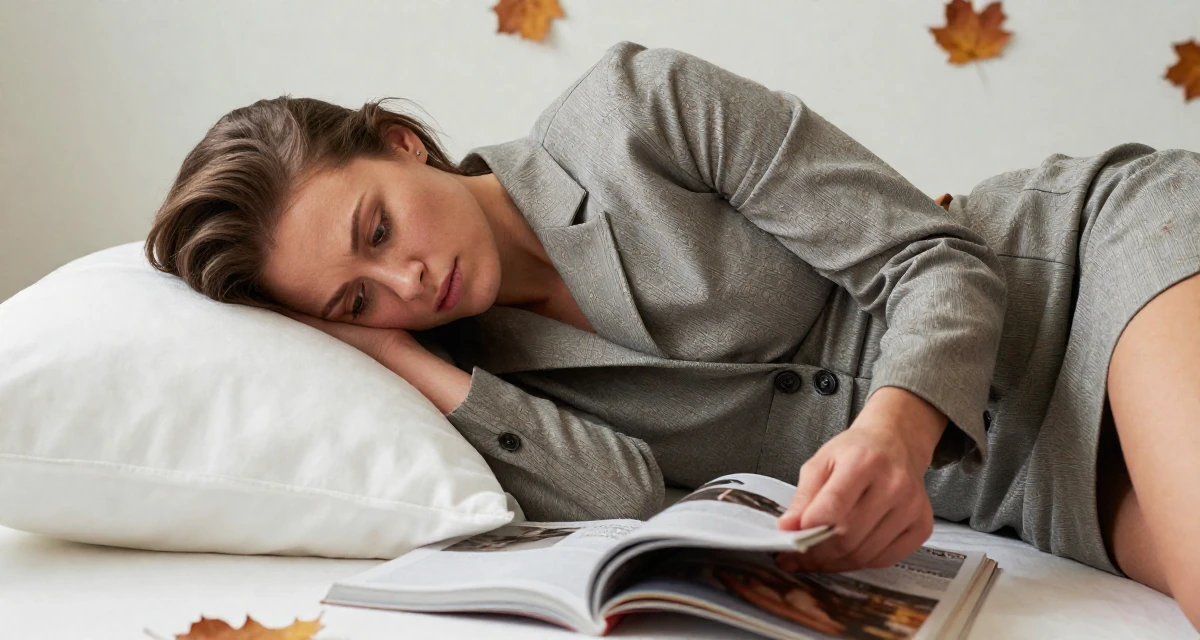 A guarded Female From Finland, majored in educational psychology in their 24, prioritizing mental health over the grind, wearing a cropped tailored jacket and matching mini skirt, flipping through a magazine in a photo studio.