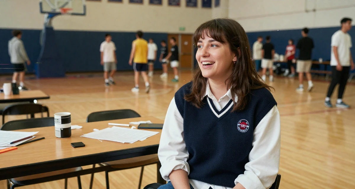 A ecstatic Female Once a warehouse picker, now building a creator brand from scratch in their 25, testing personal boundaries through new experiences, wearing a classic collegiate style, glancing sideways in a basketball court.
