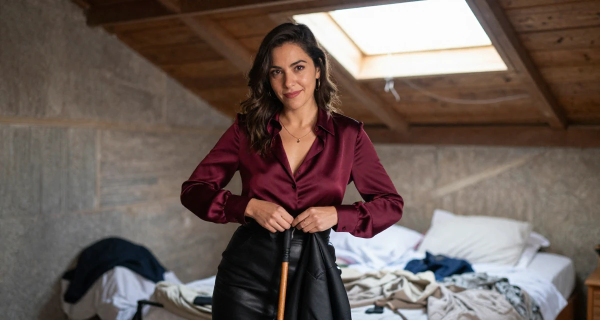 A lighthearted Female From Mexico, majored in advertising and PR in their 34, redefining what success means personally, wearing a burgundy silk blouse and black leather skirt, buttoning up a jacket in a barn interior.