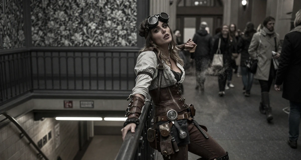 A sensual Female From Netherlands, studied digital media and interaction design in their 25, navigating emotionally intense relationships, wearing a steampunk adventurer outfit with a corset and goggles, kicking up dust playfully in a banquet hall.