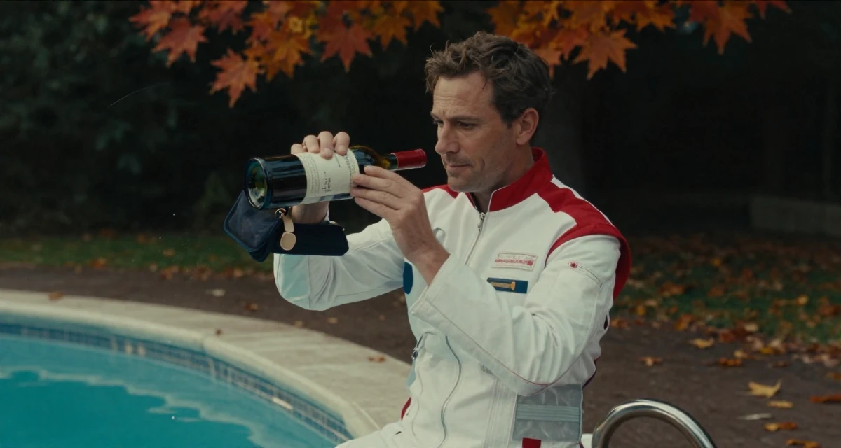 A subtly confident male From Australia, trained in photography and visual arts in their 45, expert in vintage wine and culinary arts, wearing a futuristic medic uniform with white and red details, looking through a bag in a swimming pool.