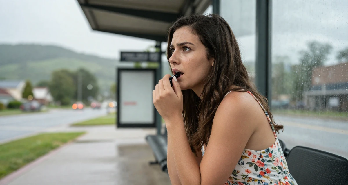 A determined Female From USA, majored in communications at a state university in their 22, adapting to the shift from school to full-time work, wearing a backless summer sundress in a floral print, humming a tune visually in a bus stop in the rain.