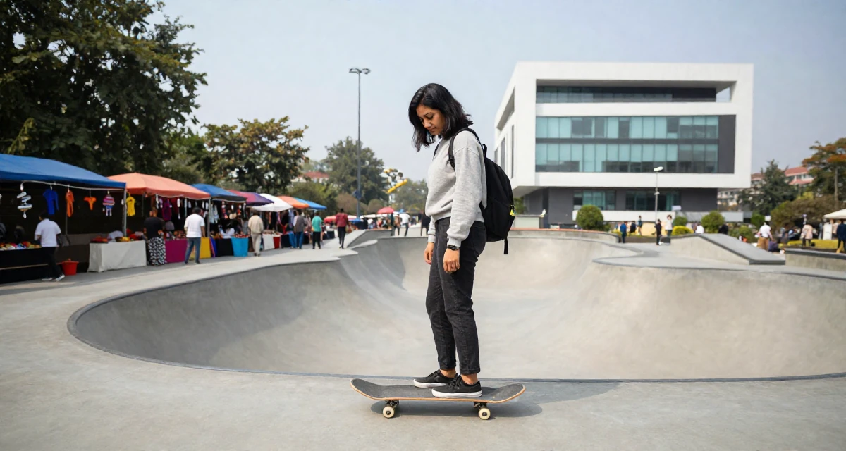 A affectionate Female From Nepal, based in Pokhara, graduated from a local college majoring in entrepreneurship in their 23, building first professional networks, wearing a comfortable travel outfit, looking down at the ground shyly in a skate park.
