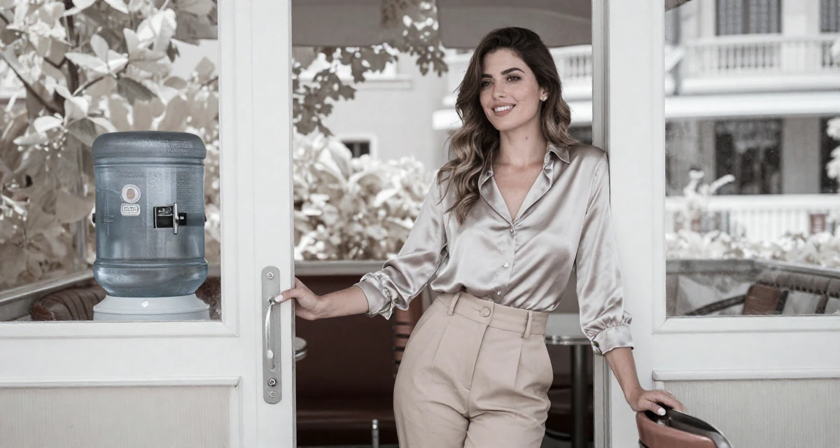 A radiant Female From Portugal, based in Faro, graduated from a media institute majoring in stylish audiovisual curation in their 23, deciding between safe and risky career moves, wearing a high-waisted beige trousers and a tucked-in satin blouse, pushing a door open in a retro 50s diner.