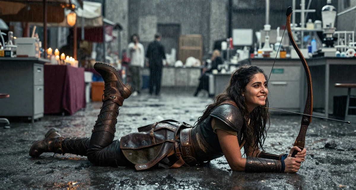 A rebellious Female From Abu Dhabi UAE, learned studio production and lighting design in their 25, balancing social life with evolving ambitions, wearing a fantasy elven archer outfit with leather armor details, waving to someone in a science lab.