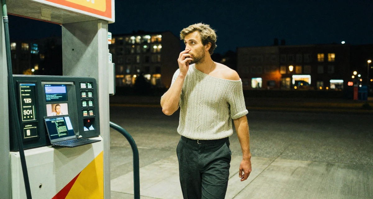 A witty male From Gothenburg Sweden, studied sustainable development in their 25, figuring out boundaries while trying small photo sets, wearing a off-the-shoulder knit top and dress pants, taking a deep breath in a gas station at night.