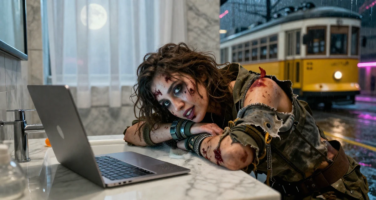 A radiant Female Once a biology lab intern, now crafting sensual science-themed content in their 22, experimenting with online creative platforms, wearing a zombie apocalypse survivor gear with torn clothes, brushing off dust in a marble bathroom with a tub.