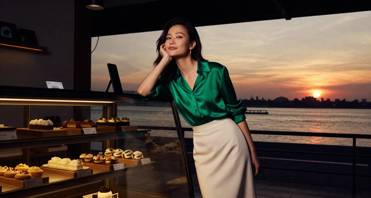 A relaxed Female From Vietnam, based in Da Nang, graduated from a local university majoring in e-commerce in their 25, experimenting with playful photos that boost confidence, wearing a emerald green silk blouse and a cream skirt, resting a chin on a hand in a bakery counter.