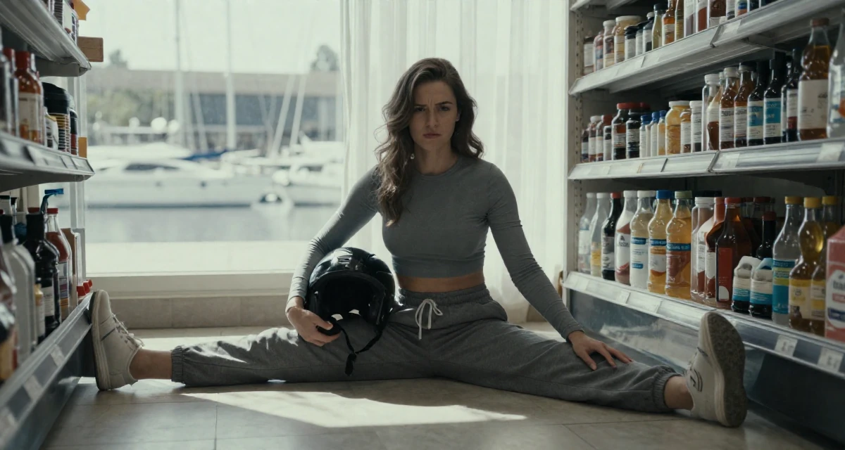 A cynical Female Former veterinary assistant, now sharing soft pet-inclusive content in their 23, saving aggressively for a dream travel trip, wearing a tight long-sleeve crop top and jogger pants, holding a helmet under one arm in a supermarket aisle.