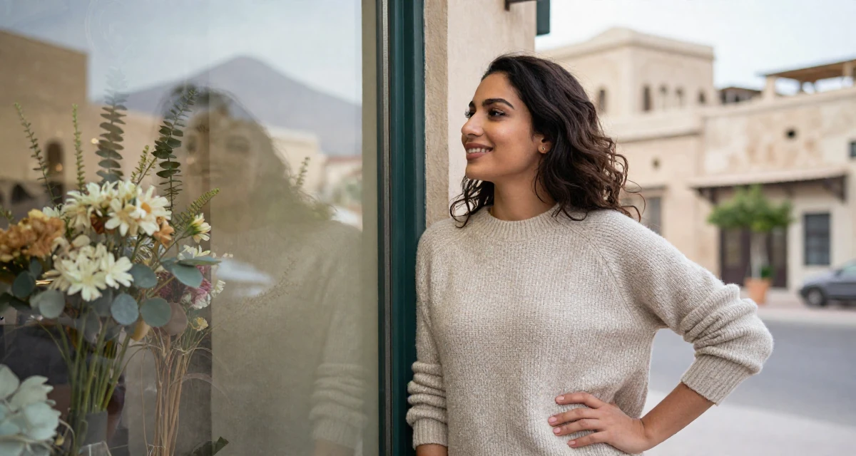 A charismatic Female From UAE, studied business administration in their 31, finding joy in small daily rituals, wearing a textured wool sweater, looking out the window in a flower shop entrance.